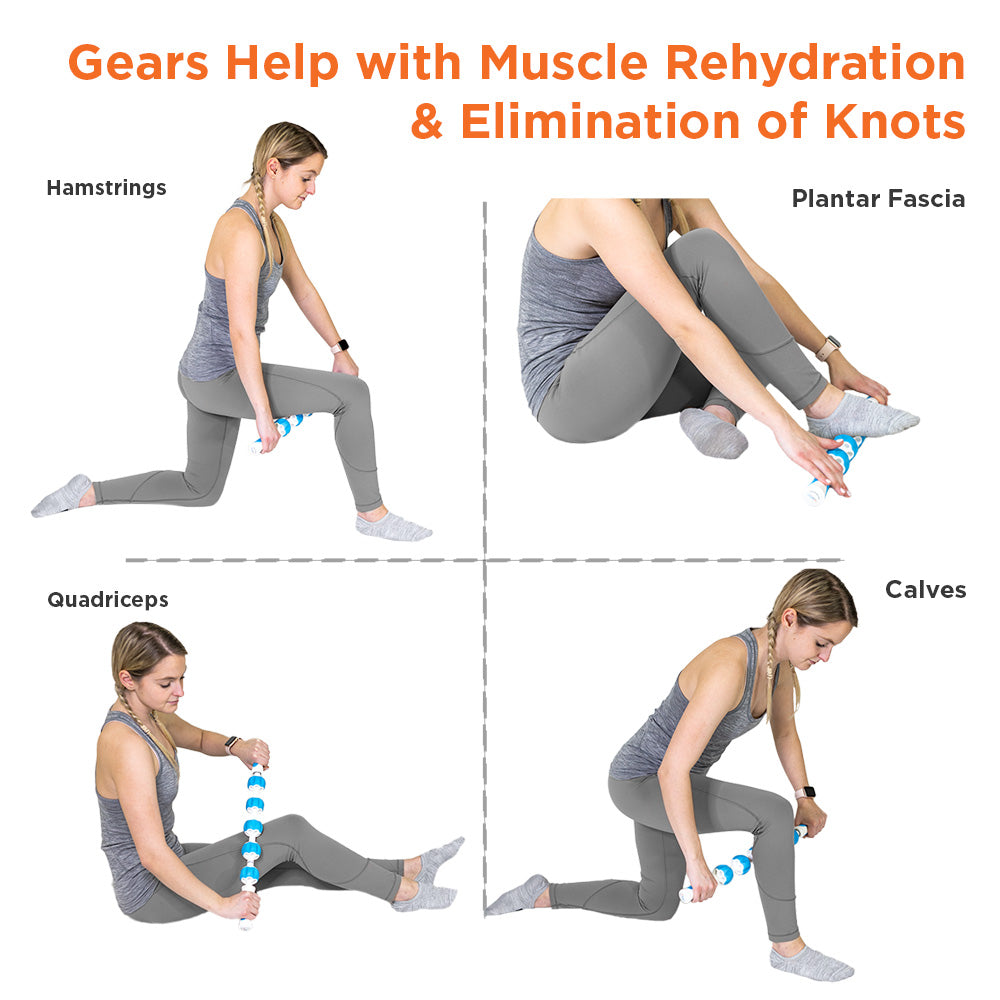 Image collage of lady massaging hamstrings, plantar fascia, quadriceps, and calves using the ProStretch Type A+ Stick Massage Roller