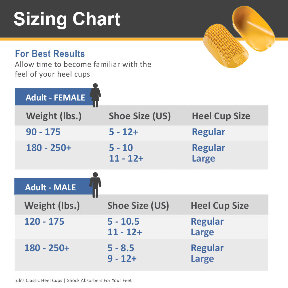 Tuli's Classic Heel Cups sizing chart