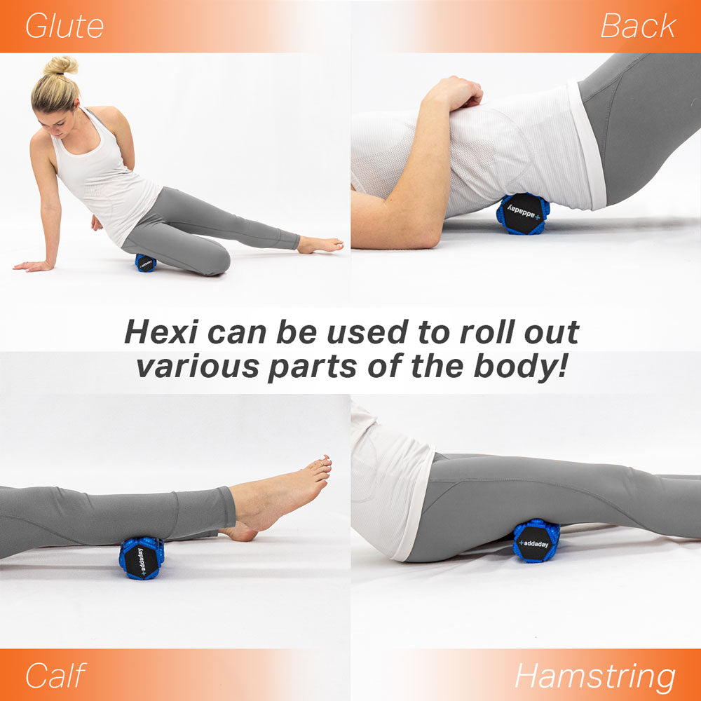 Image collage of lady massaging glute, back, calf, and hamstring