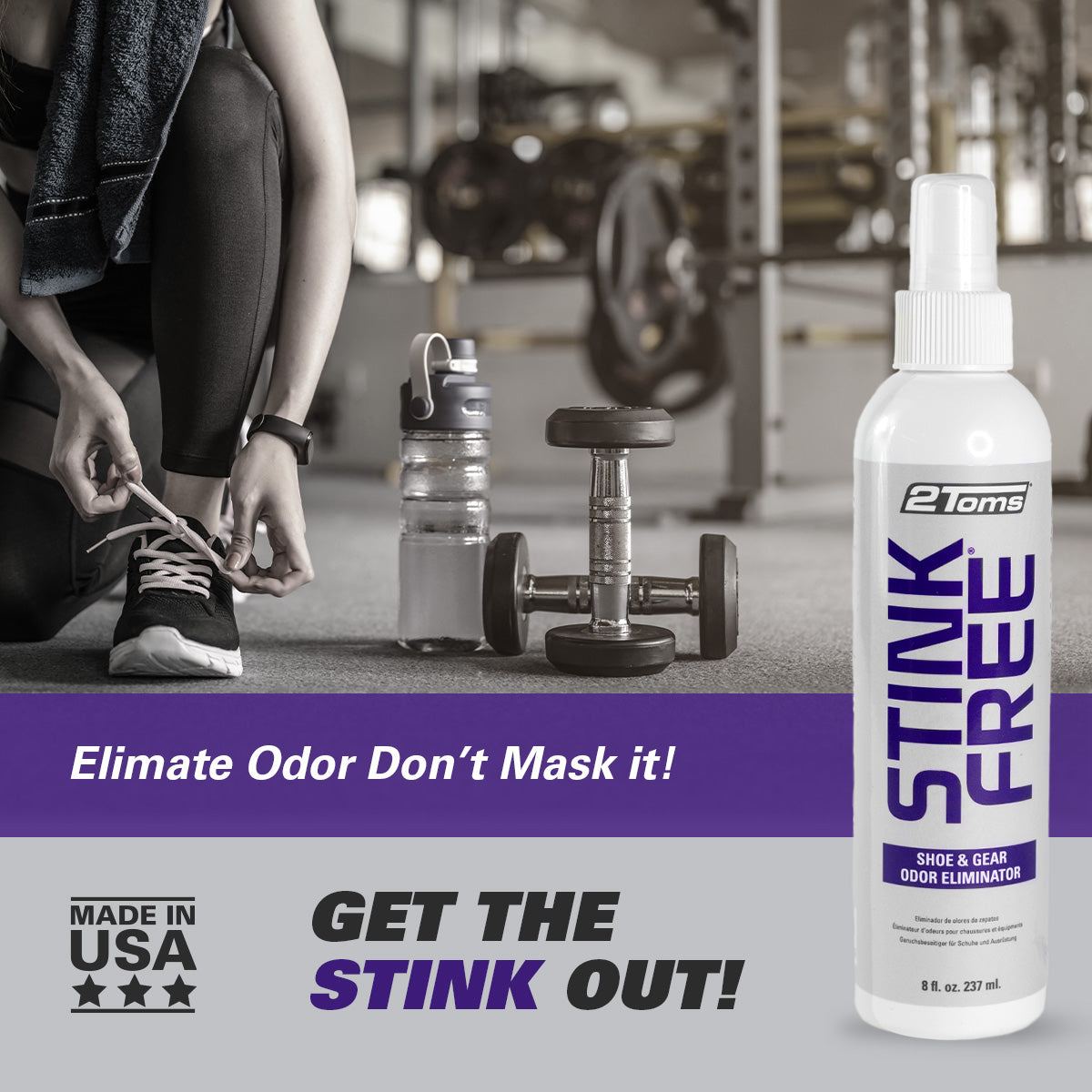 runner and 2Toms StinkFree Spray