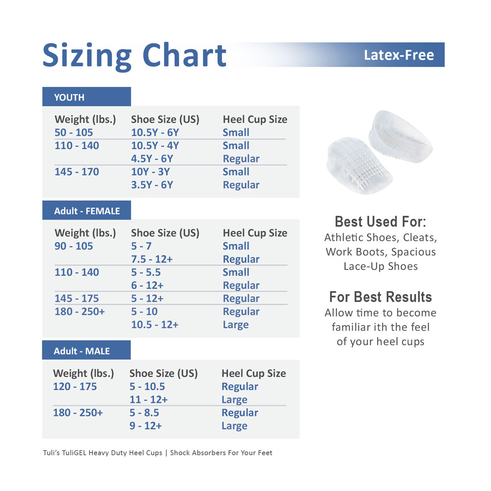 Tuli's Heavy Duty GEL Heel Cups sizing chart