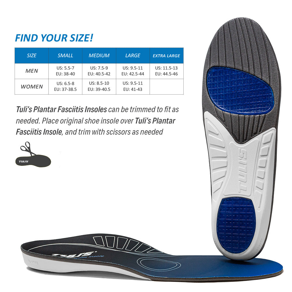 Tuli's Plantar Fasciitis Insoles sizing chart