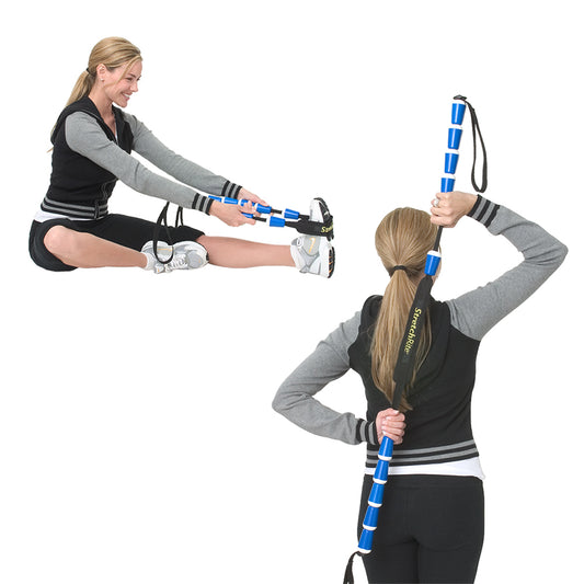 Lady stretching foot and arm using StretchRite