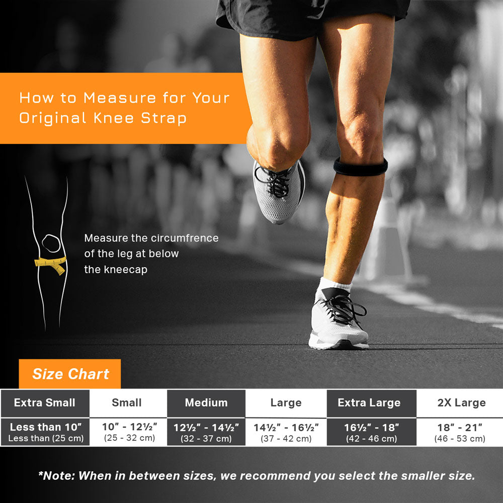 The Cho-Pat Original Knee Strap sizing chart