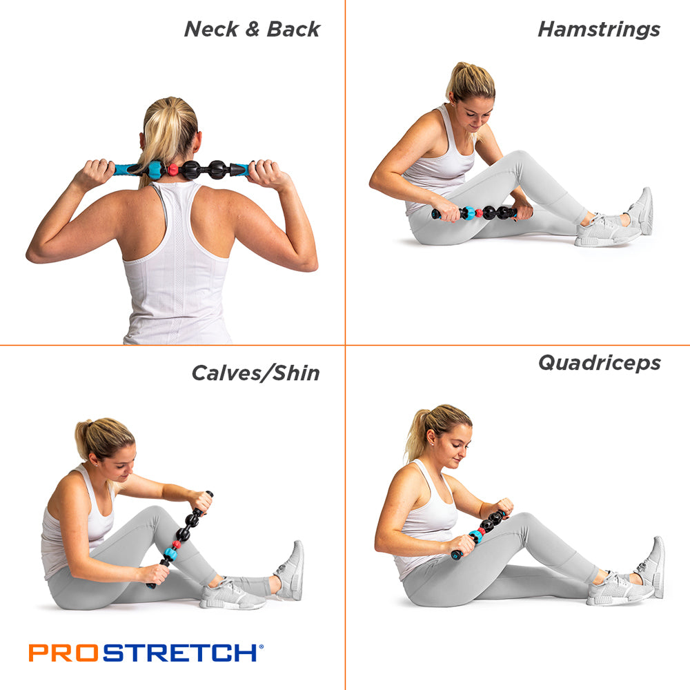 collage of images of lady massaging neck, hamstrings, calves, and quadriceps