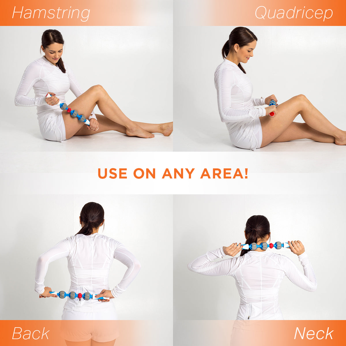 Massaging leg on hamstring, quadricep, back, and neck with the ProStretch Type C Stick Massage Roller