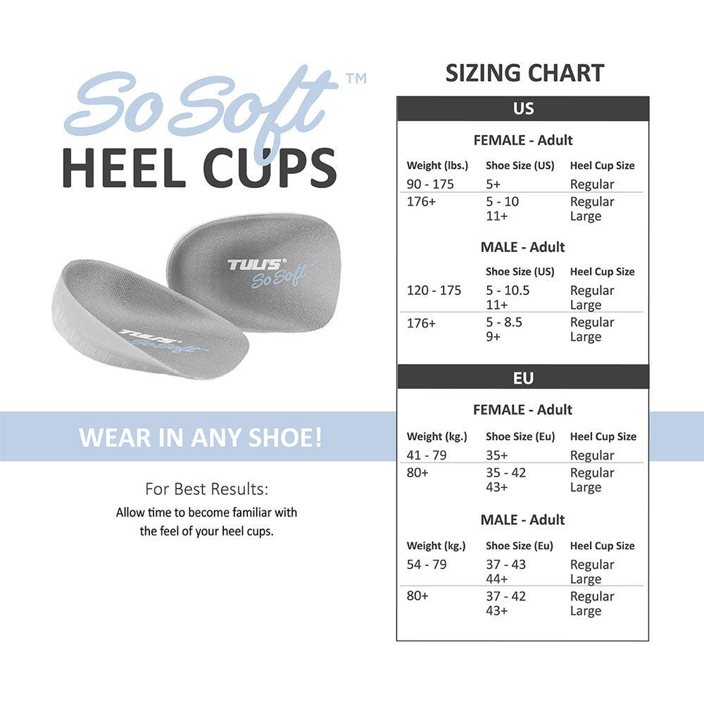 Tuli's So Soft Heel Cups sizing chart
