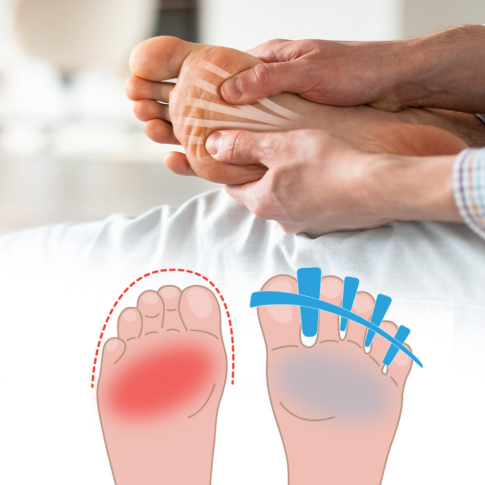 Hands massaging the foot with an illustration showing foot pain relief using Tuli's Soft Moves Toe Separators.
