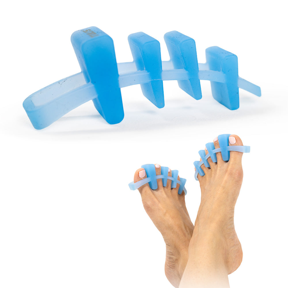 Blue Tuli's Soft Moves Toe Separators shown alone and on feet, demonstrating soft, flexible design for foot alignment.