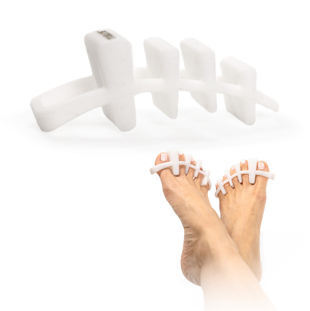 White Tuli's Soft Moves Toe Separators featured in product and lifestyle shot to promote toe spacing benefits.
