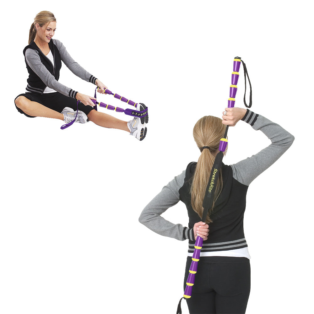 Lady stretching foot and arms with purple and yellow StretchRite stretching strap