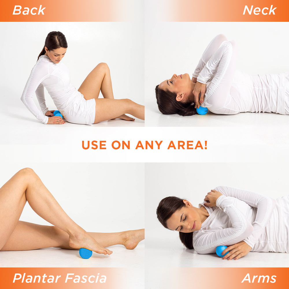 Image collage of women massaging back, neck, plantar fascia, and arms with proStretch Roundchucks massage balls