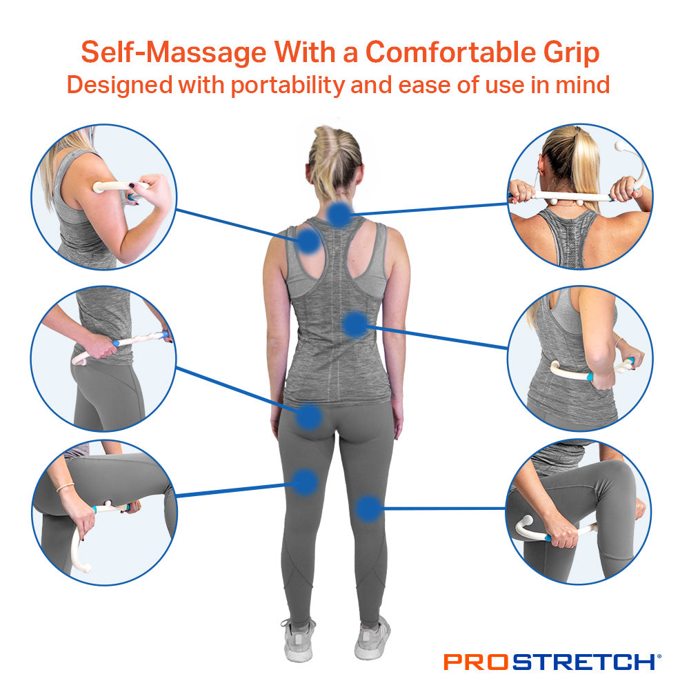collage of body areas you can massage using a massage cane
