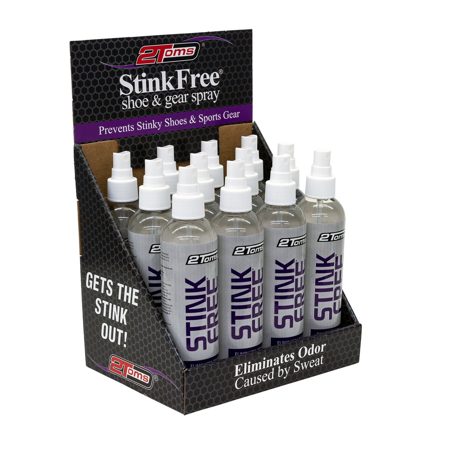 2Toms StinkFree, Shoe & Gear Odor Eliminator Spray, 8oz, 12 CT with Display Case
